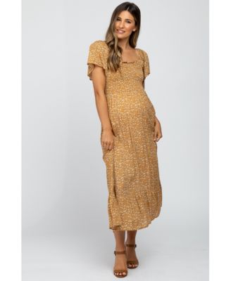 Maternity Mustard Floral Smocked Maxi Dress