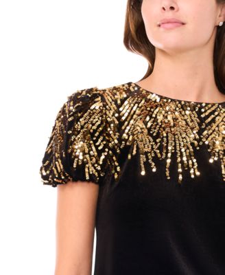 Embellished Scoop Neck Short Puff- Sleeve Velvet Dress