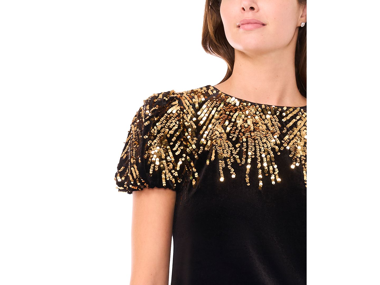 Женское платье CeCe Embellished Scoop Neck Short Puff- Sleeve Velvet, цвет: Насыщенный чёрный — фото 4
