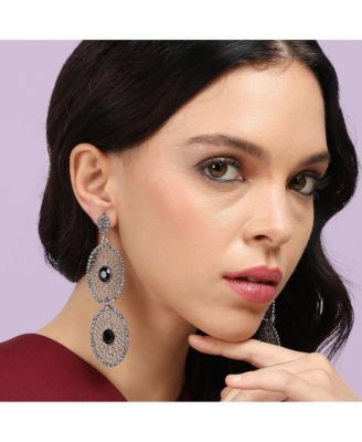 Intricate Stone Oval Long Drop Earrings
