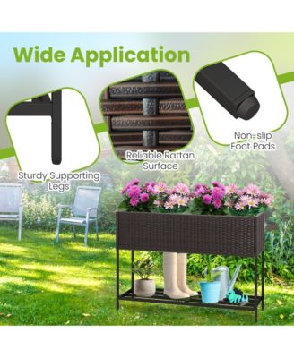 Elevated Planter Box Raised Garden Bed w/ Rattan Surface Bottom Storage Shelf & Removable Liner