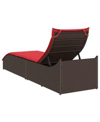Folding Sun Lounger with Cushion and Storage Brown Poly Rattan