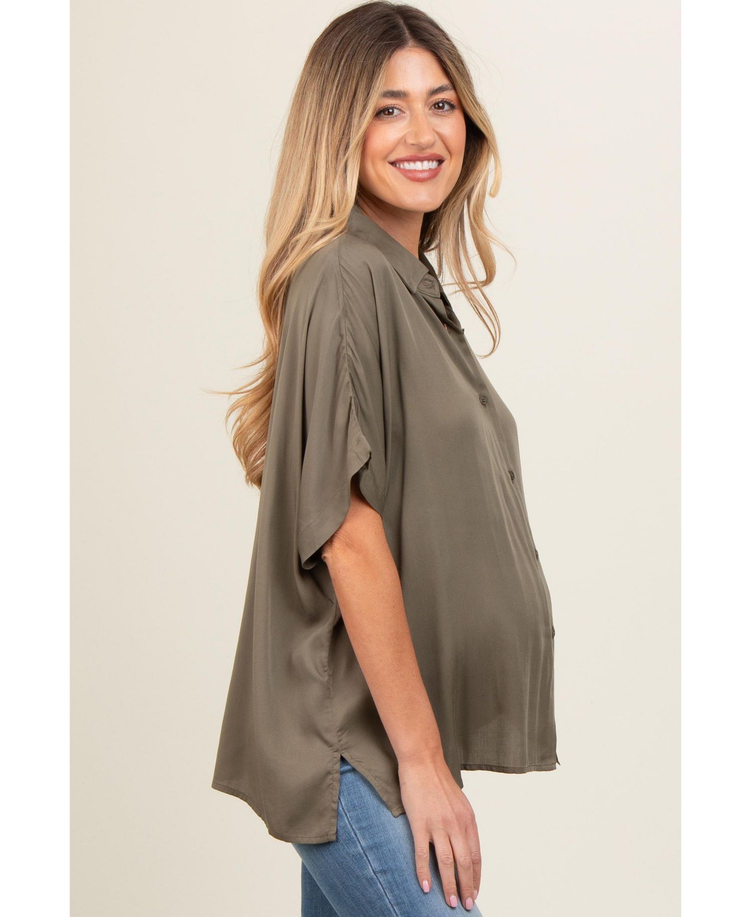 Women's Taupe Dolman Sleeve Button Down Blouse