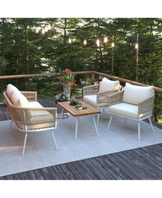 - 4-Piece Patio Furniture Set with Acacia Wood Table - Creamy Beige
