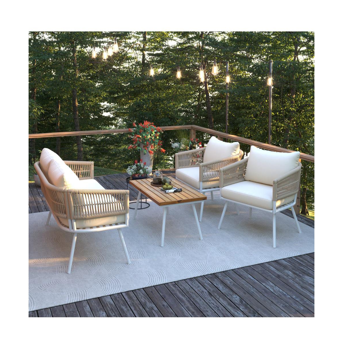 Chic Crate - 4-Piece Patio Furniture Set with Acacia Wood Table, Boho Rope Design & Cushions – Creamy Beige Outdoor Seating