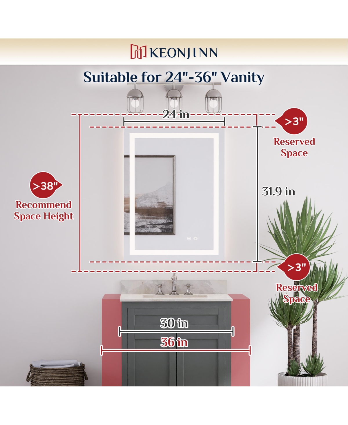 keonjinn Inch Led Bathroom Vanity Mirror Tempered Glass Front & Backlit Dimmable 3 Color Lighted Mirror Anti-fog Memory Function Frameless
