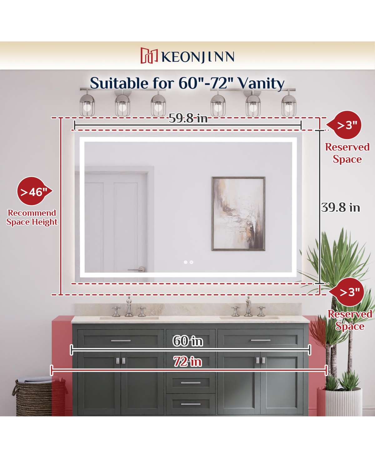 keonjinn Inch Led Bathroom Vanity Mirror Tempered Glass Front & Backlit Dimmable 3 Color Lighted Mirror Anti-fog Memory Function Frameless