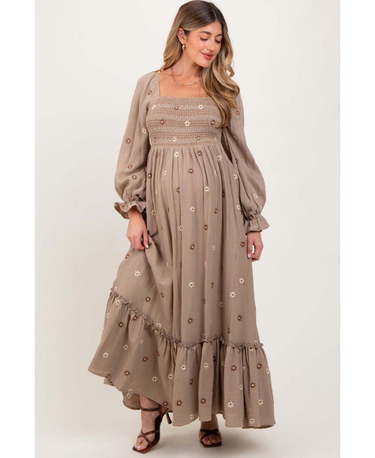 Pinkblush Maternity Grey Taupe Long Sleeve Floral Accent Dress
