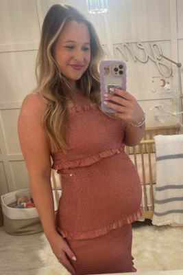 Olive Satin Smocked Fitted Maternity Maxi Dress