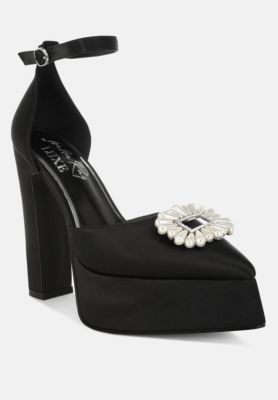 Womens Pearls Brooch Detail Platform Block Heel Sandals