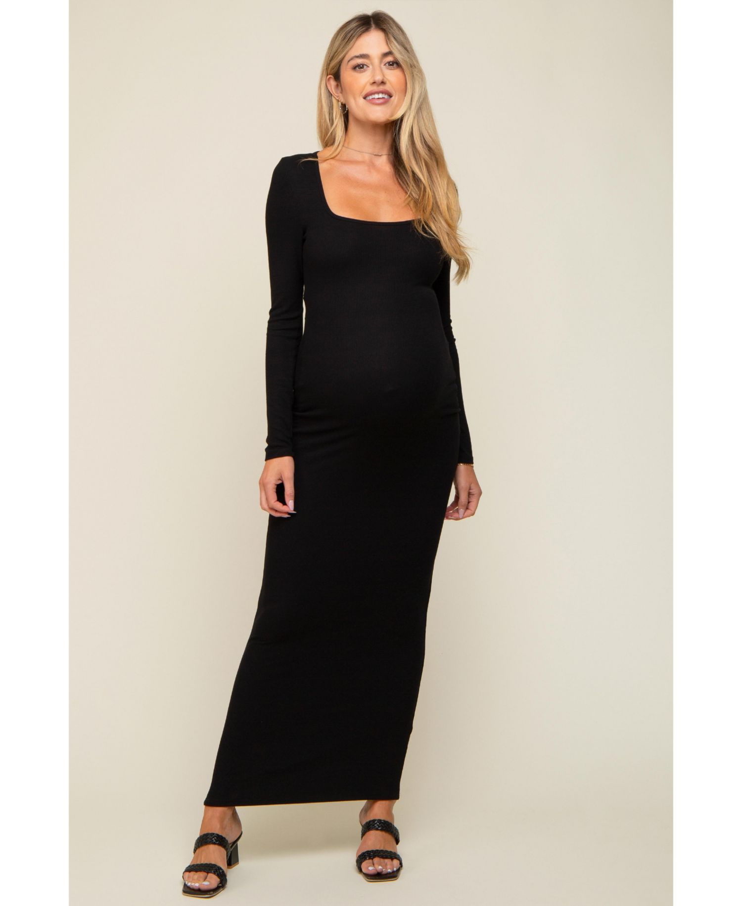 Women's Black Ribbed Long Sleeve Square Neck Maxi Dress