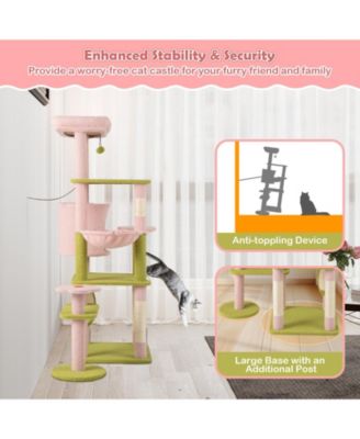 58'' Plush Cat Tree Floral Climbing Tree Multi-level Cat Tower w/ Round Basket