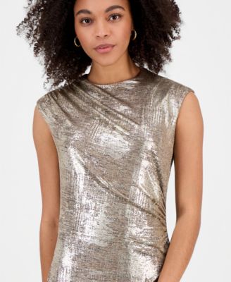 Women's Metallic Jersey Ruched Sleeveless Gown