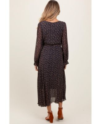 Maternity Navy Blue Floral Front Tie Pleated Midi Dress