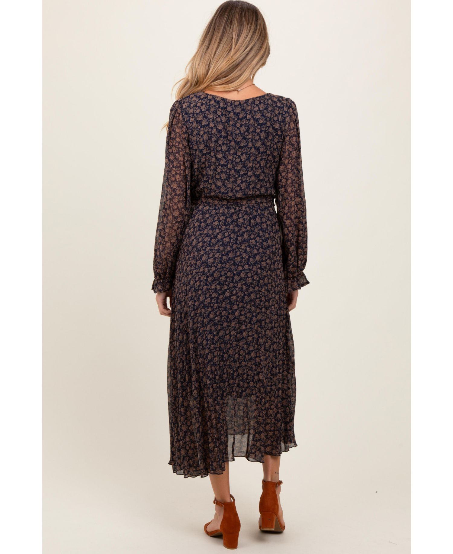 Women's Navy Blue Floral Front Tie Pleated Midi Dress