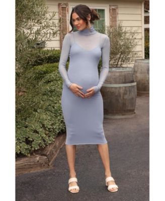 Maternity Forest Green Mesh Overlay Fitted Midi Dress