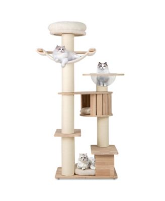 69'' Tall Cat Tree Wooden Kitten Tower w/ 2 Condos Cozy Top Perch Space Capsule