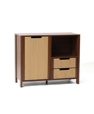 Walnut Finish Storage Cabinet with Rope Drawer Front, 1 Door, 2 Drawers, MDF Wood