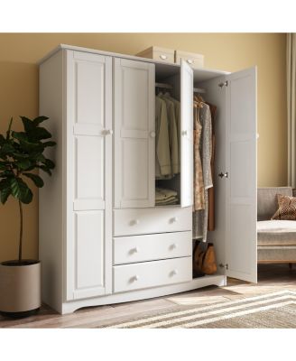 100% Solid Wood Family 4-Door Wardrobe with Raised Panel Doors