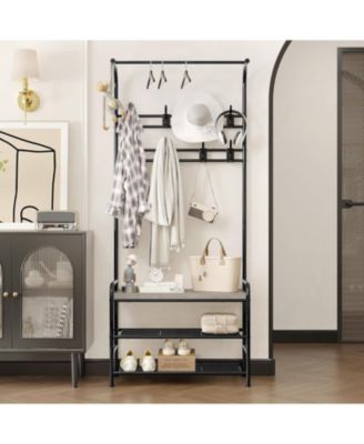 Hall Tree Shoe Bench, 4-in-1 Entryway Storage Bench with 8 Sturdy Hooks, Freestanding Coat Rack for Small Spaces, Apartments, Bedroom