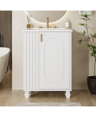 24inch Bathroom Vanity with Sink Bathroom Cabinet with Door Shelf Side Open Storage Solid Wood Frame Soft Closing Door White