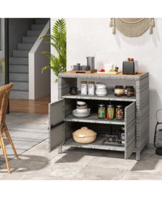 Rattan Storage Cabinet with Acacia Wood Countertop for Poolside Deck and Patio