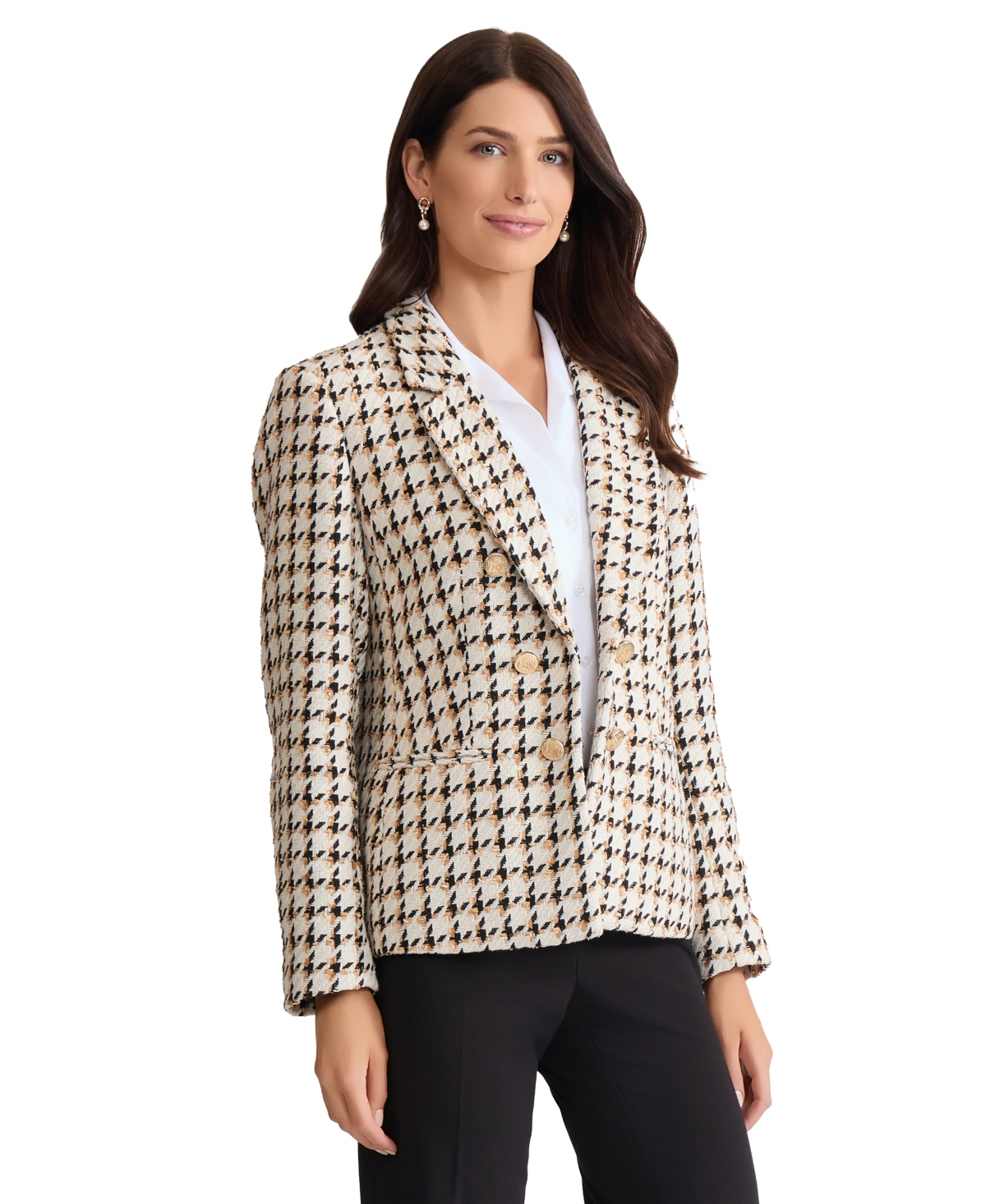 Jones New York Petite Tweed Houndstooth Long Sleeve Jacket