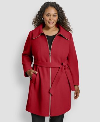 Plus Size Belted Zip-Up Wool Coat