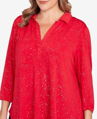 Plus Size Metallic Dew Drop Shirt Collar Top
