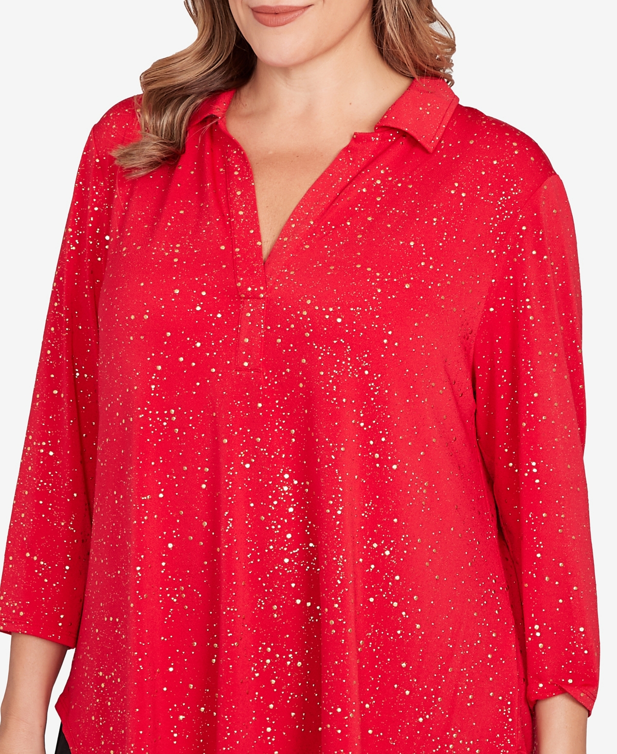 Ruby Rd. Plus Size Metallic Dew Drop Shirt Collar Top In Red