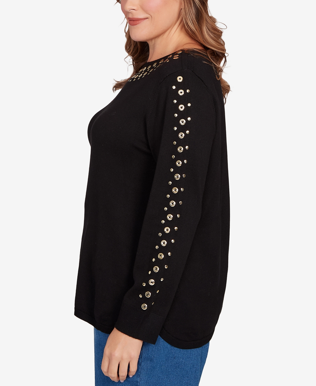 Ruby Rd. Plus Size Grommet Embellished Fine Gauge Sweater In Black