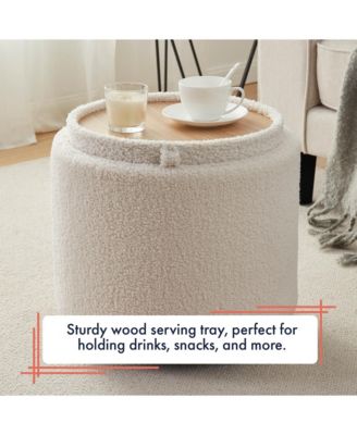 Lawrence Round Boucle White Storage Ottoman with Table Top Lid