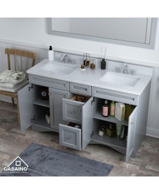 60-Inch Solid Wood Bathroom Vanity with Marble Top and Ceramic Basin