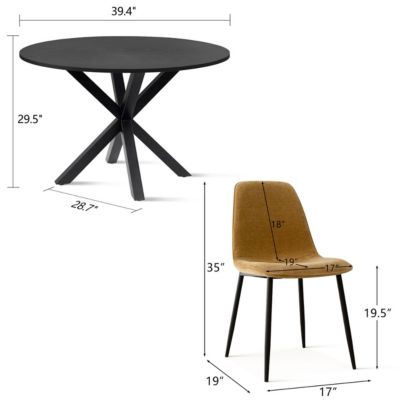 5 Piece Set 39.4 Inch Round MDF Table Boucle Fabric Chairs Starburst Metal Base Curved Back Dining Room Set