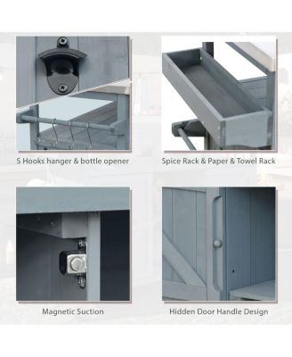 Outdoor Kitchen Island Cart with Storage, Solid Wood BBQ Grill Station with Stainless Steel Top, Spice Rack & Towel Bar