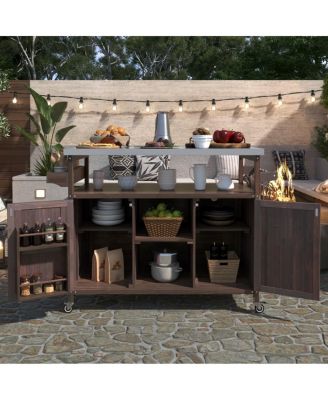 Outdoor Kitchen Island Cart with Storage, Solid Wood BBQ Grill Station with Stainless Steel Top, Spice Rack & Towel Bar