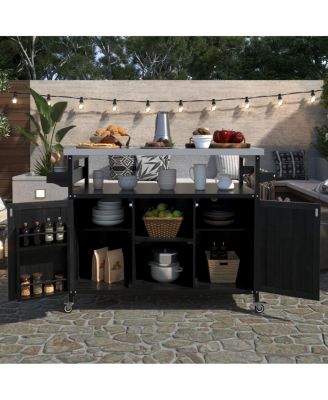 Outdoor Kitchen Island Cart with Storage, Solid Wood BBQ Grill Station with Stainless Steel Top, Spice Rack & Towel Bar