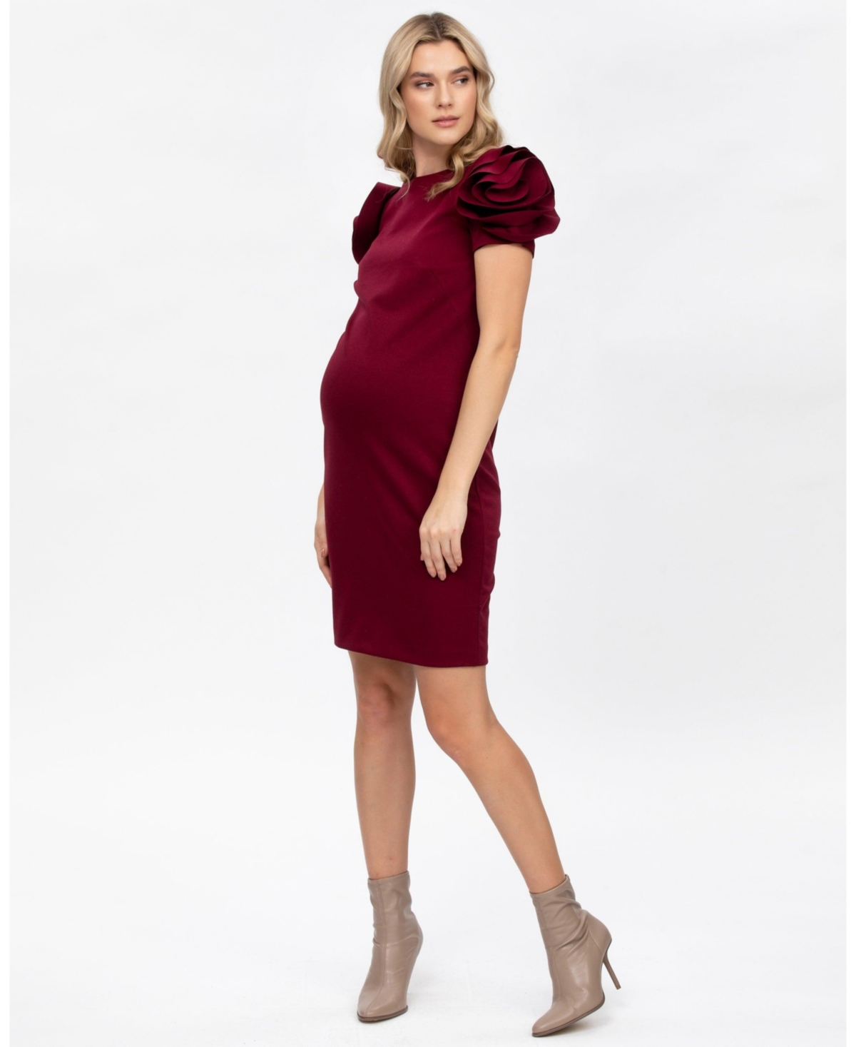Pietro Brunelli Maternity Maternity Sheath Capri Dress With Rose Sleeve Detail In Burgundy