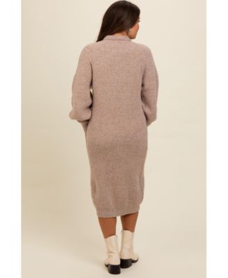 Maternity Beige Mock Neck Bubble Sleeve Midi Sweater Dress