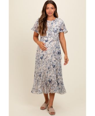 Maternity Cream Floral Pleated Midi Dress