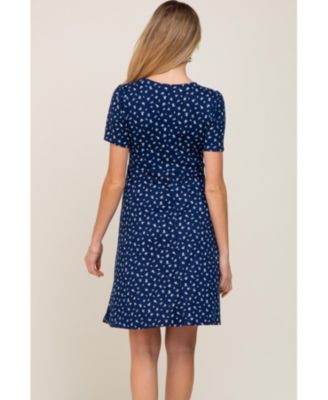 Maternity Navy Floral Smocked Short Sleeve Dress