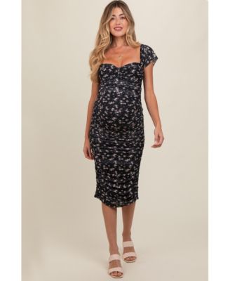 Maternity Black Printed Stretch Knit Ruched Dress