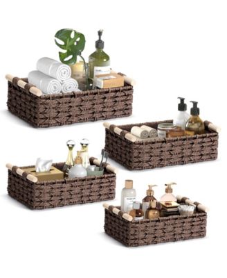 Woven Storage Baskets with Wooden Handles, Set of 4