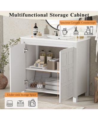36" Solid Wood Bathroom Vanity Set with Ceramic Sink & Distressed Finish Storage Cabinet Organizer