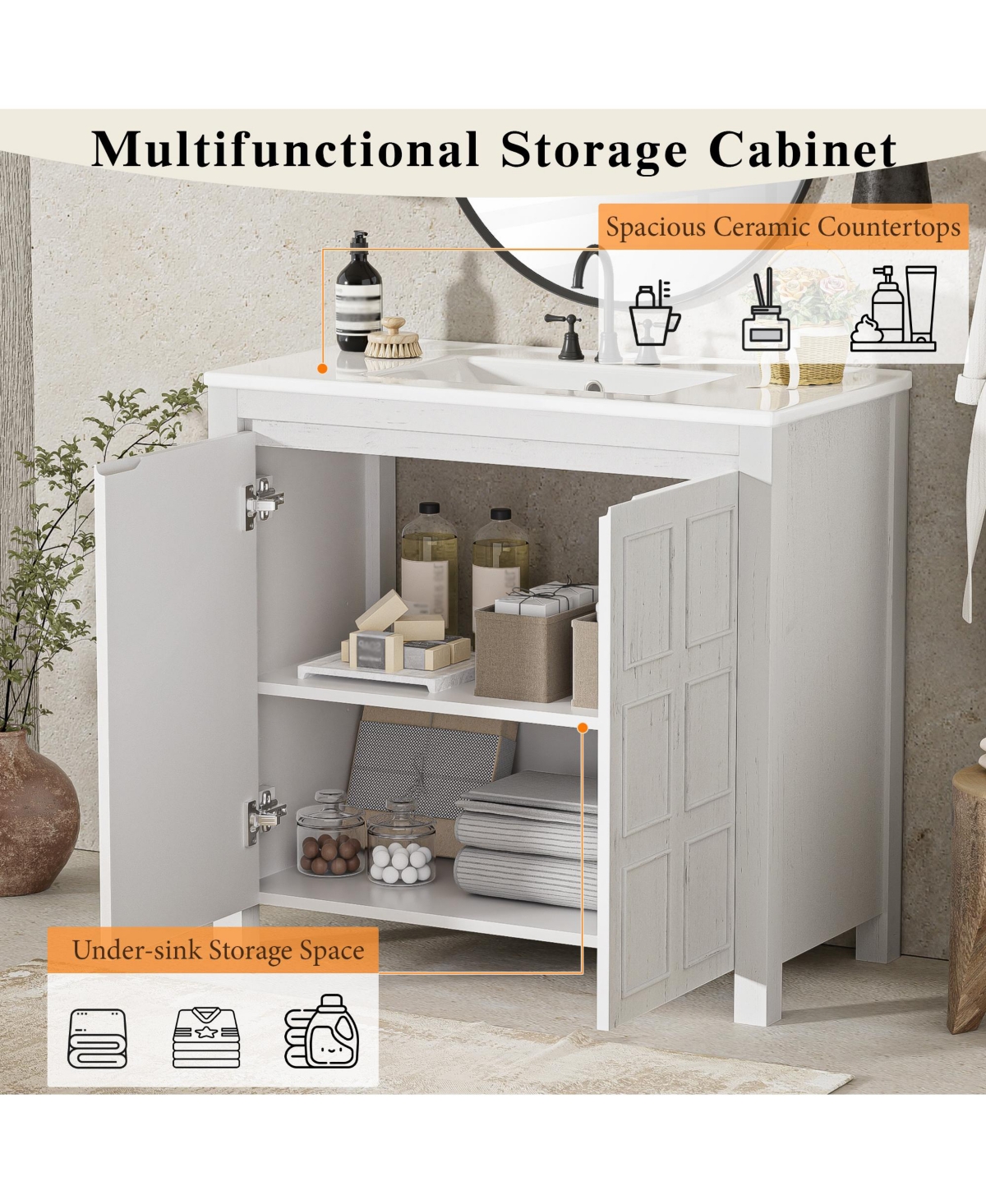 Casainc 36" Bathroom Vanity Organizer with Ceramic Sink and Storage Cabinet Set