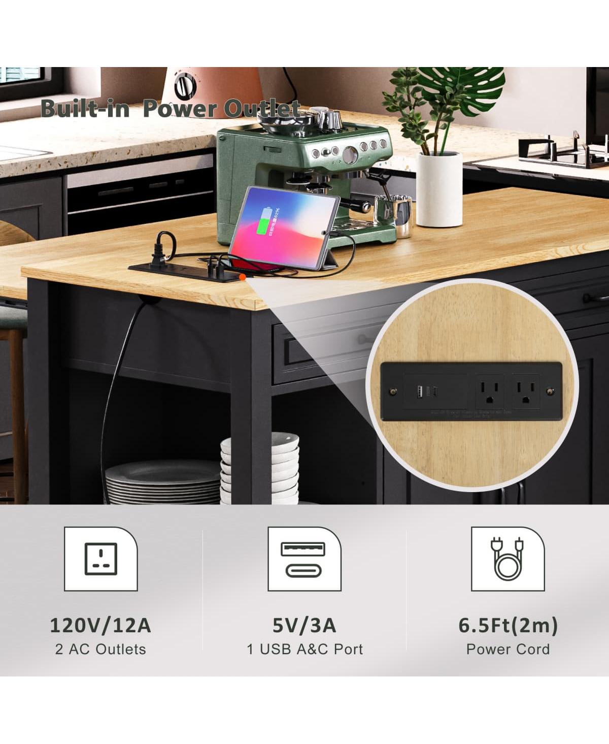 47.2" Expandable kitchen island with Slide-Out Dining Table, Storage Drawers, Cabinets & Usb Charging Station-Maison Boucle - Single