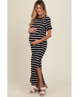 Maternity White Striped Side Slit Maxi Dress