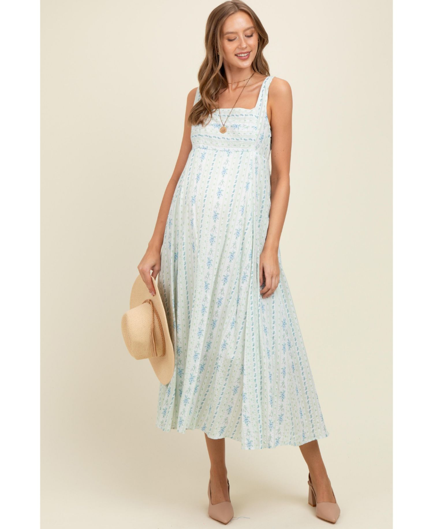 Women's Light Blue Cotton Floral Square Neck Sleeveless Maxi Dress