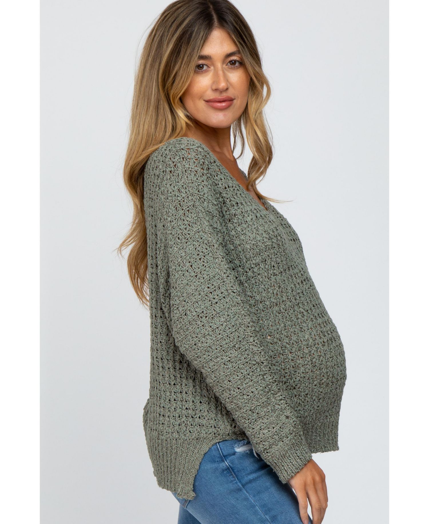 Women's Olive V-Neck Side Slit Thick Knit Sweater