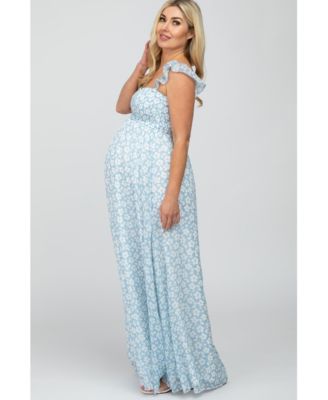 Maternity Light Blue Floral Chiffon Sweetheart Neck Off Shoulder Maxi Dress